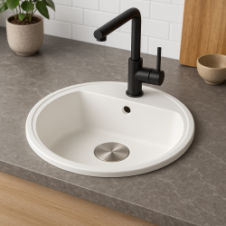GraniteMy Bremen évier rond en granit 43 cm blanc sous plan ou en surface avec  avec surface pour robinet avec bouchon en inox 1208957356